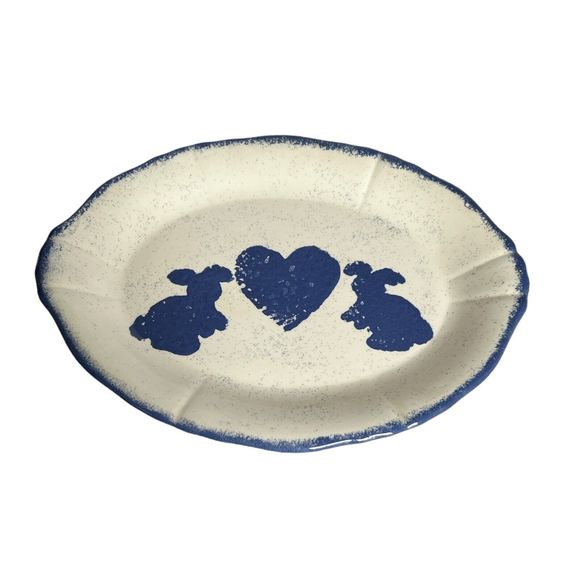 Large Handmade Bunny and Heart Blue & White Ceramic Platter - Picture 2 of 8